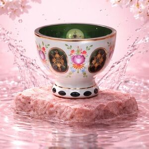 Czech Bohemian Glass Green Cased to White Small Bowl Hand Painted LOT 8155